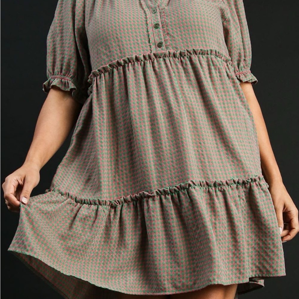 Umgee Plaid Frill Button Detail Ruffled Short Sleeve Dress